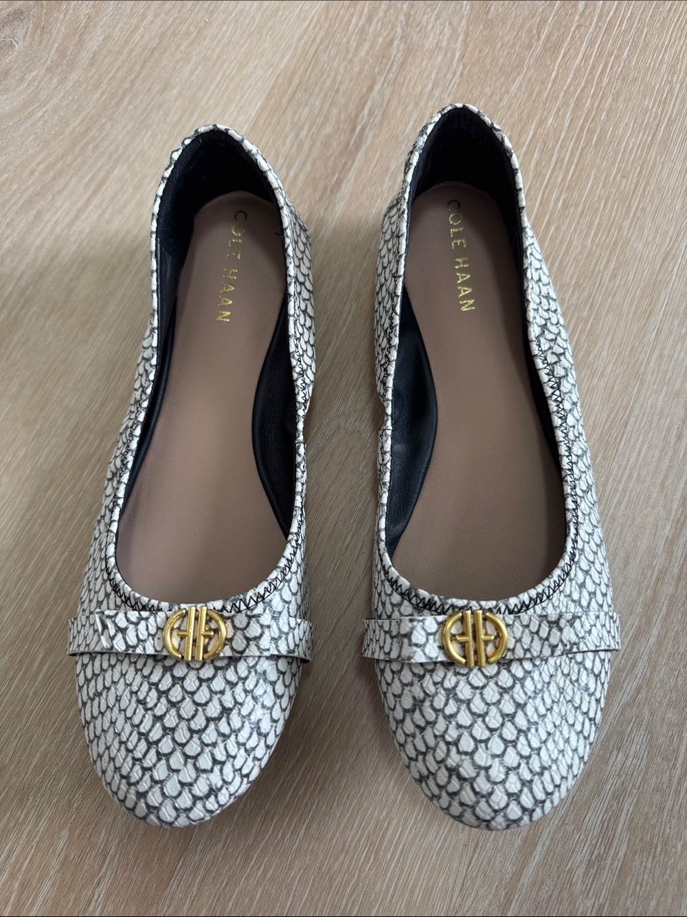 Cole Haan White Snake-Print Ballet Flats with Gold Logo Accent